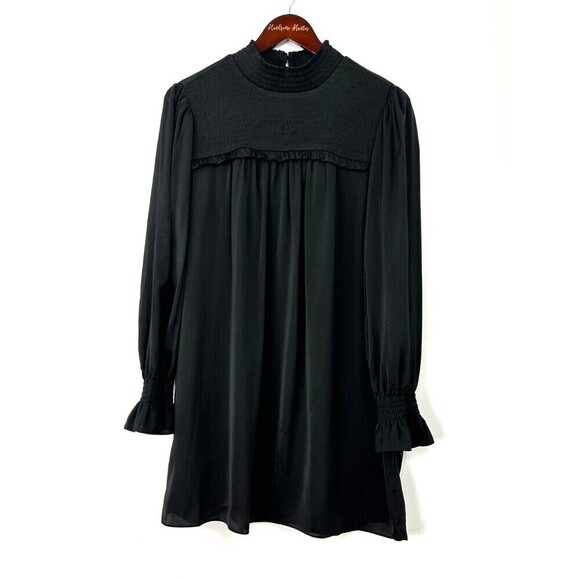 Elan Womens Size M Black Mini Dress Mock Neck Sheer Unlined Ruffle Smocked U4 - Picture 5 of 12